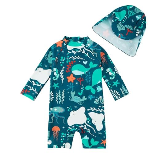 upandfast Toddler Boy Swimsuit UPF 50+ Sun Protection Baby Boys' Swimwear One Piece Bathing Suit with Sun Hat (Green Whale, 12-18 Months) - Image 1
