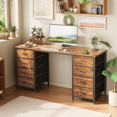 Huuger 55 Inch Computer Desk with 8 Fabric Drawers, Office Desk Work Desk for Home Office, Study, Gaming Desk with Drawers, Large Storage, Rustic Brown - Image 7