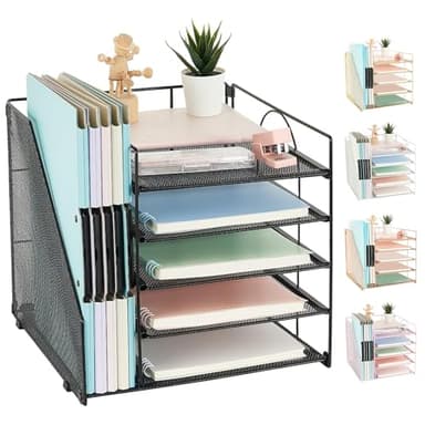AUPSEN Desk Organizer with File Holder, 5 Trays Paper Letter Tray Organizer, Mesh Desk Organizers and Accessories for Home Office (Black) - Image 1