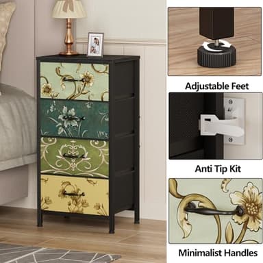 Furnulem 4 Drawer Dresser, Vertical Nightstand for Kids, Adult, Fabric Chest of Drawers for Bedroom, Living Room, Closet, Nusery, Storage Tower Unit Retro Style Furniture, Wood Desk Top - Image 8