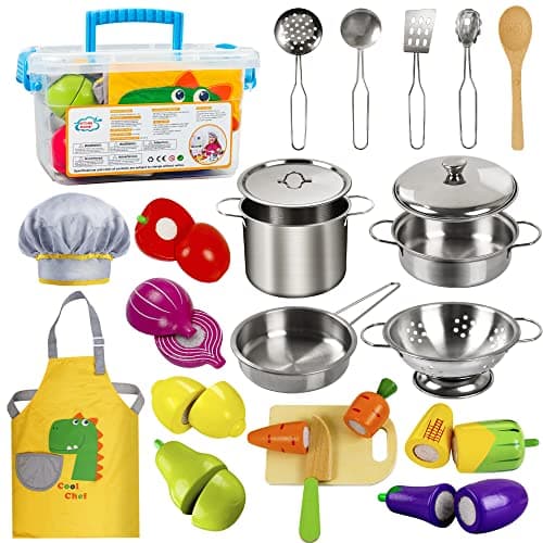 Sundaymot Play Kitchen Accessories, Wooden Play Food, Cooking Set with Stainless Steel Cookware Pots and Pans Utensils, Apron, Chef Hat, ​Cutting Food Kitchen Playset for Girls and Boys - Image 1