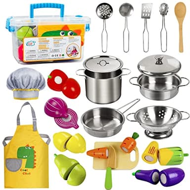 Sundaymot Play Kitchen Accessories, Wooden Play Food, Cooking Set with Stainless Steel Cookware Pots and Pans Utensils, Apron, Chef Hat, ​Cutting Food Kitchen Playset for Girls and Boys - Image 1