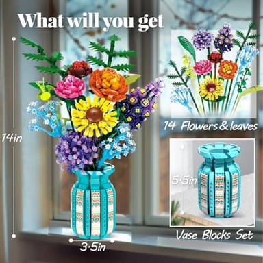 Flowers Set with Vase for Adult Women, Variety of Botanical Collection Bouquet Including Sunflower, Baby's Breath, Rose, Compatible with Lego Flower,1853PCS, 14+ - Image 6