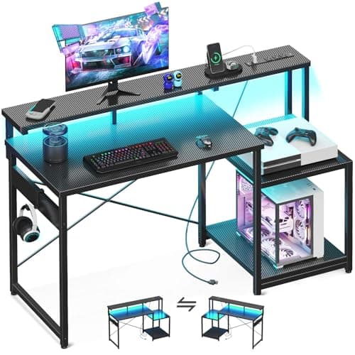 AODK Computer Desk, 48 Inch Gaming Desk with Led Lights & Power Outlet, Office Desk with Storage Shelves, Reversible Desk with Monitor Shelf & Headphone Hook, Carbon Fiber Black - Image 1