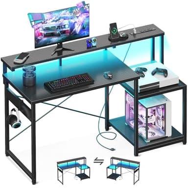 AODK Computer Desk, 48 Inch Gaming Desk with Led Lights & Power Outlet, Office Desk with Storage Shelves, Reversible Desk with Monitor Shelf & Headphone Hook, Carbon Fiber Black - Image 1