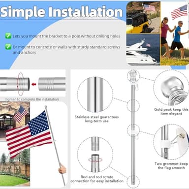 Flag Pole Kit, Upgraded 6 FT Tangle Free Flag Poles with 1 Inch 360° Rotating Rings and 2-Position Holder, Stainless Steel Wall Mounted Flagpoles for Outside House, Outdoor Porch, Residential - Image 7