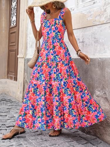 PRETTYGARDEN Womens Dresses 2025 Summer Floral Sleeveless Maxi Dress Casual Spaghetti Strap Tiered Flowy Beach Long Dress(Blue Pink,X-Large) - Image 5
