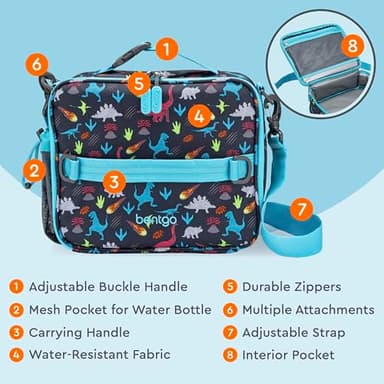 Bentgo Kids Lunch Bag - Durable, Double-Insulated Lunch Bag for Kids 3+; Holds Lunch Box, Water Bottle, & Snacks; Easy-Clean Water-Resistant Fabric & Multiple Zippered Pockets (Dinosaur) - Image 5