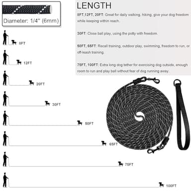 Boswany Long Leash for Small Dogs, 8ft 12ft 20ft 30ft 50ft 65ft 75ft 100ft Reflective Rope Training Lead Removable Padded Handle, Double Ended Dog Tether for Puppies Outside Playing Camping Backyard - Image 7