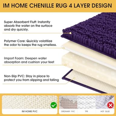 ACCUMTEK Upgrade Extra Large Dark Purple Bathroom Rug Set 3 Pieces Ultra Soft, Thick Absorbent Bath Mats, Non Slip Chenille Toilet Mat for Bathroom, Bedroom, Kitchen, Eggplant - Image 5