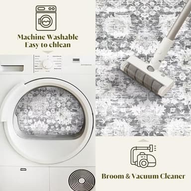 HOMFINE Vintage Design Area Rugs - Machine Washable Rug 6'x9' with Non Slip Rugs for Living Room Bedroom Floral Print Rug Carpet Stain Resistant, Home Decor Office Area Rug, Light Grey - Image 3