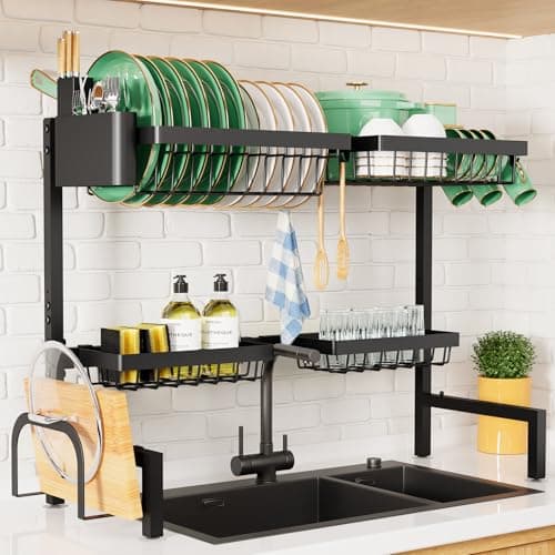 Kitsure Over The Sink Dish Drying Rack - 30.0" to 33.9" x 21.5", Adjustable Sink Drying Rack for Kitchen Sink with Multifunctional Baskets, Black - Image 1
