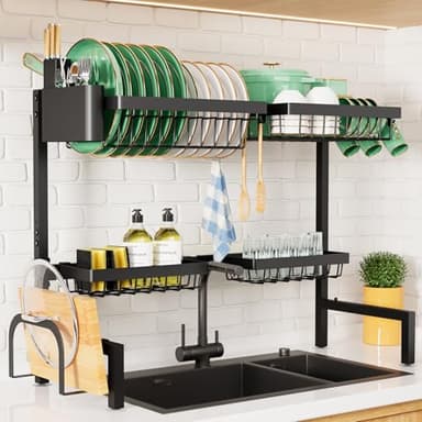 Kitsure Over The Sink Dish Drying Rack - 30.0" to 33.9" x 21.5", Adjustable Sink Drying Rack for Kitchen Sink with Multifunctional Baskets, Black - Image 1