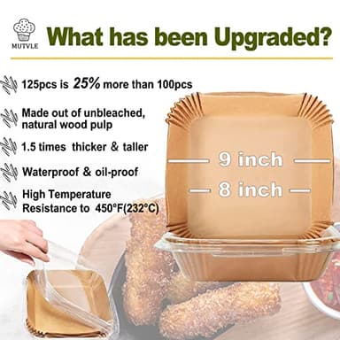 Large Air Fryer Disposable Paper Liners Square 9 Inch, 125 Pcs Parchment paper liner for 5-8QT Air fryer, Oil-proof, Water-proof, Parchment Baking Paper for Baking Roasting Microwave - Image 2