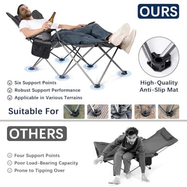 apollo walker Camping Chairs for Adults - 6 Legged Beach Chair with Foot Rest, Adjustable 90° - 135° Reclining Lounge Chair Outdoor, Folding Chairs for Outside with Detachable Pillow & Carry Bag Grey - Image 6