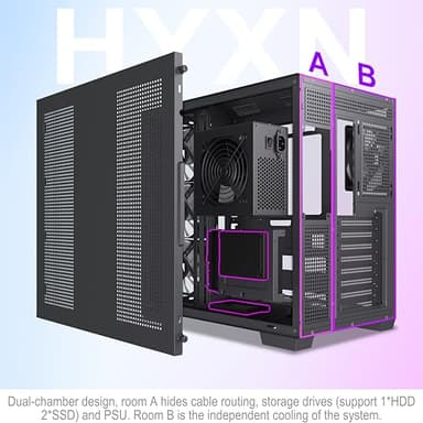 HYXN H1 HYXN ATX PC Case - Pre-Installed with 7 PWM ARGB Fans - Dual Cavity Mid-Tower PC Gaming Case - with Type-C - Can Hold up to 3X 360mm heatsinks simultaneously (Black, H1) - Image 10