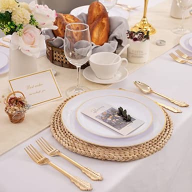 KIRE 100PCS Disposable Plates - White with Gold Rim for Thanksgiving Party/Wedding - Includes 50Pieces 10.25inch Dinner and 50Pieces 7.5inch Dessert/Salad Plates - Image 7