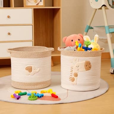 INough Toy Storage Baskets Woven Cotton Rope Storage Basket for Kids, Blanket Baskets for Living Room Toys Organizer with Embroidery Decor, Cute Baskets with Handle for Nursery, Playroom (Giraffe) - Image 3