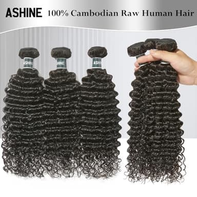 ASHINE Human Hair Bundles Deep Curly Water Wave, Unprocessed Cambodian Raw Hair 14 16 18 Inch, Flip Over Quick Weave Wet and Wave Bundles for Women Natural Black - Image 2