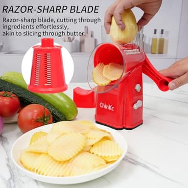 ChinKc Rotary Cheese Grater Shredder - Upgraded 5 in 1 Cheese Grater with Handle and Strong Suction Base, Multi-purpose Julienne Slicer Ice Shaver Nuts Grinder for Ice, Vegetables, Fruit, Nuts - Image 6