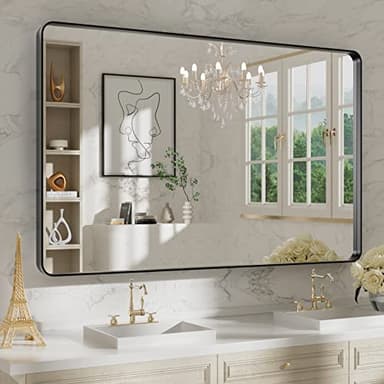 WEER 48X30 Inch Black Metal Framed Bathroom Mirror, Matte Black Bathroom Vanity Mirror, Rectangular Black Wall Mirror for Bathroom, Tempered Glass, Rounded Corner, Hangs Horizontal or Vertical - Image 1