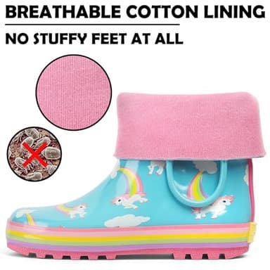 landchief Toddler Rain Boots, Kids Rain Boots Waterproof Rubber Boots for Girls and Boys with Fun Patterns and Easy-On Handles, Size 3, Rainbow Unicorn - Image 6
