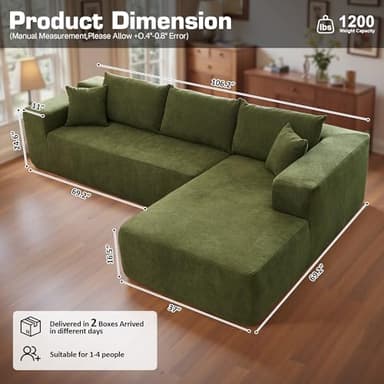 106" Cloud Sectional Couch with Chaise Lounge,L Shaped Modular Modern Sofa,Comfy Velvet Fluffy Couches with Deep Seat,No Assembly Required Couch for Living Room (Right,Cloudy Velvet,Green) - Image 2