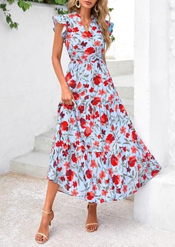 PRETTYGARDEN Women's 2025 Summer Floral Midi Dress Cap Sleeve V Neck Ruffle Long Flowy Boho Casual Beach Vacation Dresses (Floral Blue Red,Large) - Image 6
