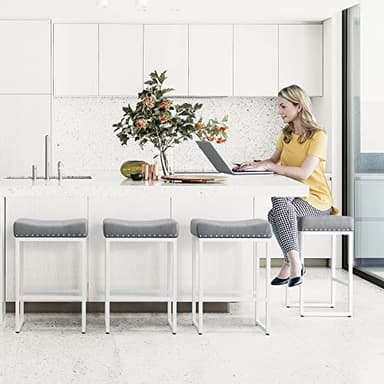 LUE BONA Counter Height Bar Stools, 24" Square Saddle BarStools Set of 4, Modern Backless Faux Leather Counter Stool with White Metal Legs for Kitchen Island Counter,Home Bar,Bistro,Grey - Image 3