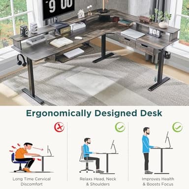 RedLemon 75X60 Inches L Shaped Electric Standing Desk,Height Adjustable Corner Gaming Desk with Drawers, Keyboard Tray, Power Outlets & LED Lights, Computer Desk with Monitor Shelf, Dark Rustic Oak - Image 4
