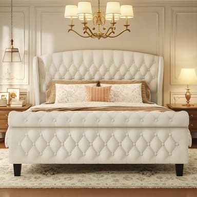 HISOFT Queen Bed Frame, 39" Tall Velvet Upholstered Sleigh Bed with Wingback Headboard & Scroll Footboard, No Box Spring Needed, Sturdy Support, Easy Assembly, Noise Free, Button Tufted, White - Image 1