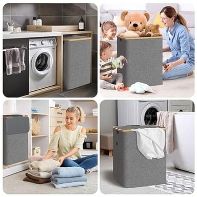BALEINE Laundry Hamper with Lid, Tall Laundry Baskets with Bamboo Pull Handles, Large Laundry Bin with Internal Support (26 Gal/100L, Grey) - Image 8