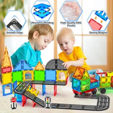 Magnetic Tiles Road Sets with Car, Magnetic Building Blocks Toys for 3+ Year Old Boys Girls, Montessori Magnet Kids Toys, Construction Toys for Ages 3 4 5 6 7 8 Christmas Birthday Gifts for Toddlers - Image 7
