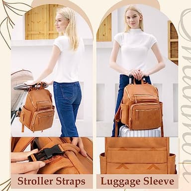 Omanmoli Diaper Bag Backpack Large Baby Diaper Bag Leather with 17 Diaper Bag Organizing Pouches,Changing Pad,Stroller Straps,4 Insulated Pockets,Honey - Image 6