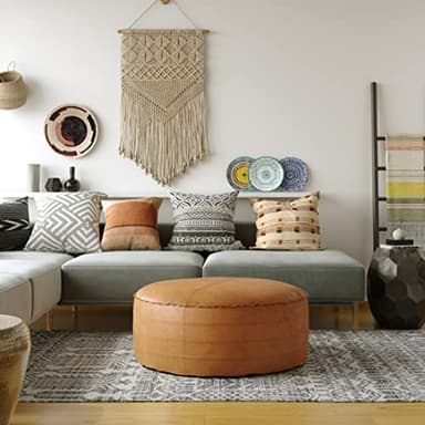 SIMPLIHOME Brody Boho Round Pouf in Distressed Brown Vegan Faux Leather for the Living Room, Bedroom and Kids Room - Image 2