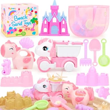 Tagitary Beach Toy Unicorn Sand Toys for Kids,Sand Castle Toys for Beach with Mesh Bag,Sand Shovels,Castle Sand Kits,Sifters,Unicorn Watering Can and Truck,Beach Essential Outdoor Toys for Kids - Image 1