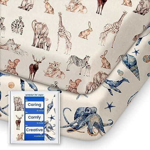 Graco Pack and Play Fitted Sheets - 2 Pack Mini Crib Sheets, Hypoallergenic and Soothing, Premium Jersey Fabric, Safari Sea Animals Pattern - Image 1