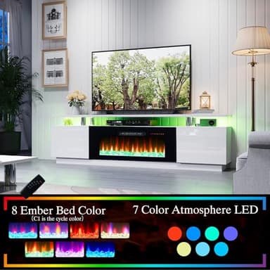 AMERLIFE Fireplace TV Stand with 40" Fireplace, 80" Modern High Gloss Fireplace Entertainment Center LED Lights, 2 Tier TV Console Cabinet for TVs Up to 90", Ivory White - Image 6