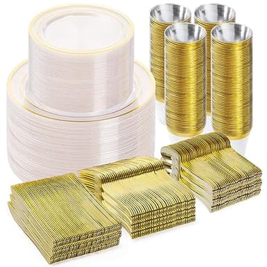 BESTVIP 600PCS Clear Gold Dinnerware Set for 100 Guests, Plastic Plates for Party, Christmas and New Year, 100 Disposable Plates, 100 Dessert Plates, 100 Cups, 100 Spoons, 100 Forks and 100 Knives - Image 1