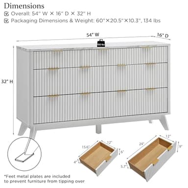 T4TREAM Fluted 7 Drawers Dresser, 54" Wide Modern Chest of Drawers with Faux Marble Top, Curved Profile Design, Dresser TV Stand, Wood Drawer Organizer for Bedroom, Living Room, Hallway, Solid White - Image 2