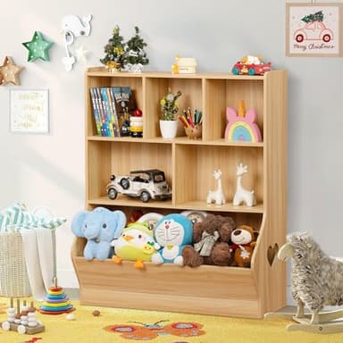 Lerliuo Kids Toy Storage Organizer, 3 Tier Children Small Bookcase and Bookshelf, Toddler 7 Cubby Toy Storage Cabinet, Toy Shelf for Playroom, Bedroom, Living Room, Nursery, School 29.53'' H (Natural) - Image 5