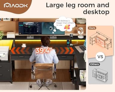 AODK L Shaped Desk with 5 File Drawers, 66" Reversible L Shaped Computer Desk with Power Outlet & LED Strip, Office Desk with Storage Shelves, Gaming Desk with Monitor Shelf, Corner Desk, Black - Image 8