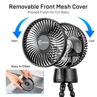 20000mAh Portable Stroller Fan, 120° Auto Oscillation, 3-IN-1 with Power Bank LED Light Detachable Flexible Tripod Rechargeable Battery Powered Clip On Fans Desk for Baby Crib Car Seat Travel - Image 8