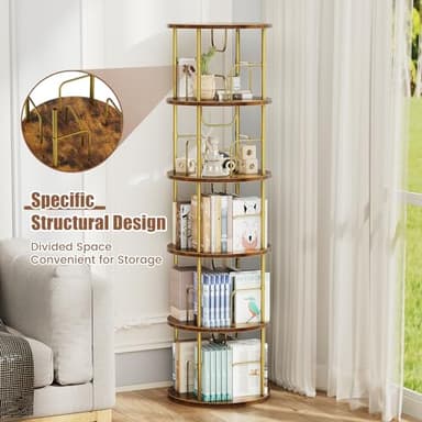 ALLSTAND 5 Tier Rotating Bookshelf, 360 ° Display Stackable Spinning Bookshelf Tower, Narrow Space Saving Tall Floor Standing Swivel Bookcase Corner Storage Organizer for Bedroom, Living Room, Gold - Image 3