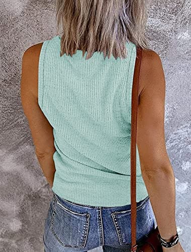 MEROKEETY Women's V Neck Tank Tops Summer Sleeveless Ribbed Button Casual Henley Shirts, LightBlue, M - Image 2