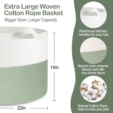 MEGASKET Extra Large Blanket Basket, 22" X 22" X 14" Kids Dog Toy Storage Bin Box, Nursery Baby Toddler Toy Organizer, Soft Cotton Rope Woven Bin, Large Basket for Blankets for Living Room, Green - Image 2