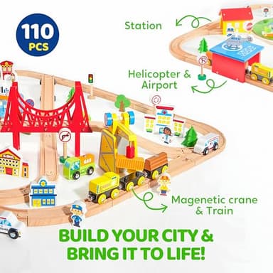 110PCS Wooden Train Set - Urban Journey, City Scene Railway Set with Magnetic Trains, Cars, Helicopter & Ship, Perfect Christmas Birthday Toy Gift for Kids Toddlers Boys Girls Ages 3-8 - Image 2