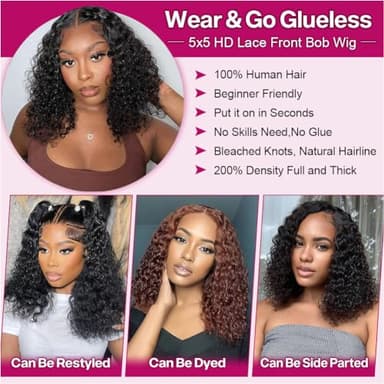 Ailwelia Curly Bob Wig Human Hair Deep Wave 200% Density 5x5 HD Lace Closure Wigs Human Hair Bob Wigs For Black Women Wear And Go Glueless Curly Wig Black Color 14 Inch - Image 3