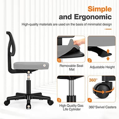 Armless Small Home Office Desk Chair, Ergonomic Low Back Computer Chair, Adjustable Rolling Swivel Task Chair with Lumbar Support for Small Space, 1 Pack, Grey - Image 5