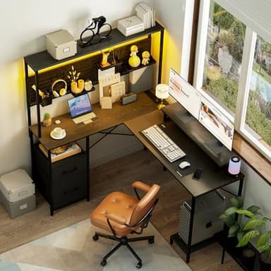 Yoobure L Shaped Desk with Pegboard, Reversible Computer Desk with Drawers & Storage Shelves, Gaming Desk with LED Lights & Power Outlets, Office Desk with Monitor Stand Corner Desk Home Office Desks - Image 8